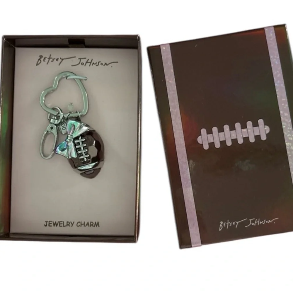 BETSEY JOHNSON Shiny Metallic Football with Pink Bow Bag Charm Keychain NEW NWT